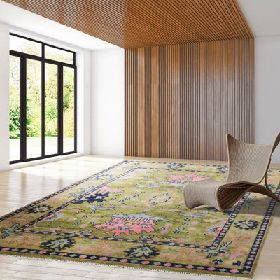 Multi Size Hand Knotted Oushak Wool William Morris Area Rug Green, Rust