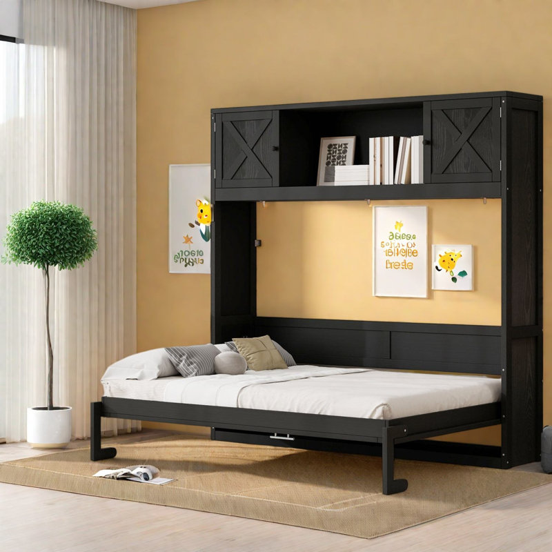 Grands lits avec rangement compacts, lit escamotable rustique en bois et panneau de fibres à densité moyenne pour la maison