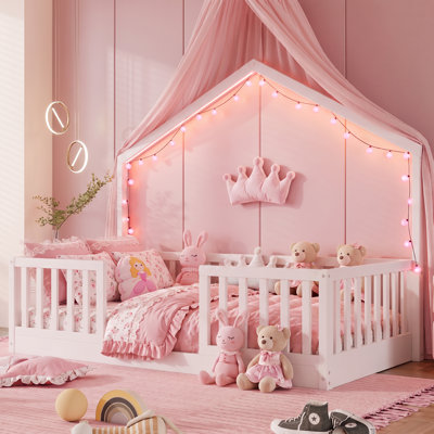 White Twin Kid Bed, Wooden Montessori Low Floor Bed with Tall Safety Rails & Built-In LED Light for Boys Girls Bedroom