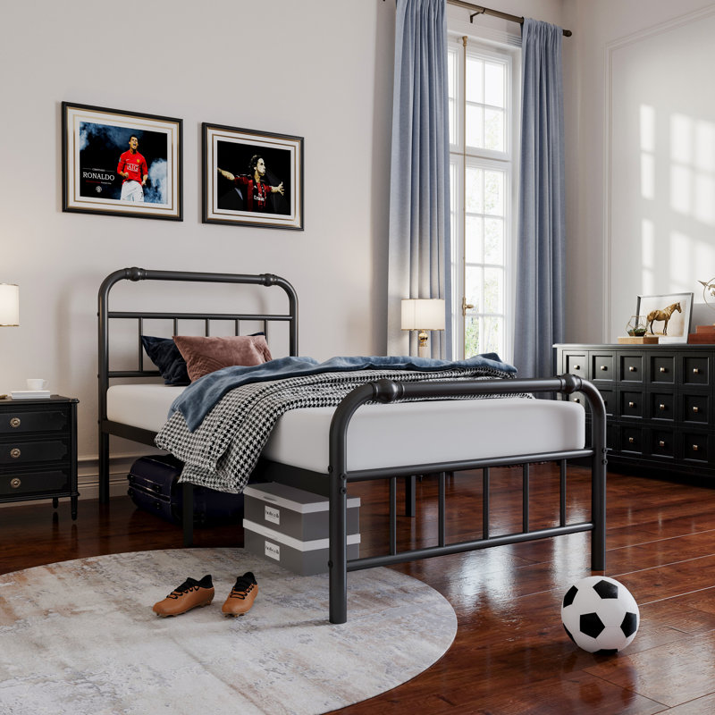 Mariah Twin Size Metal Bed Frame, 40" Tall Headboard & 14" Platform Height, Heavy-Duty Steel, Industrial Style, Squeak-Free, Under Bed Storage, No Box Spring Required