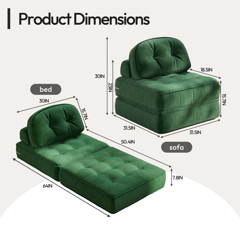 Folding Sofa Bed with Pillow, Convertible Comfy Couch Bed for Adults, Modern Ribbed Design for Apartment Living Room and Bedroom, Single Size