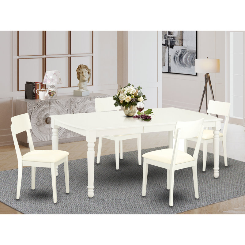 Ensemble de table de salle à manger 5 pièces moderne comprenant une table rectangulaire en bois avec feuille papillon et 4 chaises de salle à manger en similicuir, lin blanc