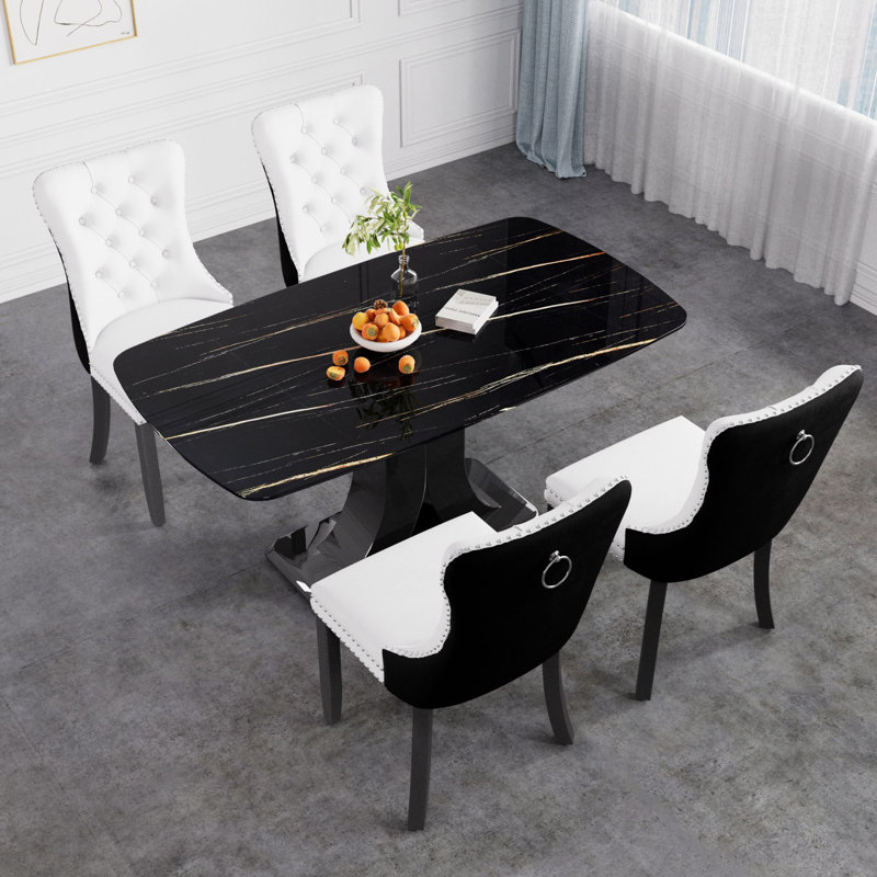 Vasia Pedestal Dining Set, Black, 5, Black