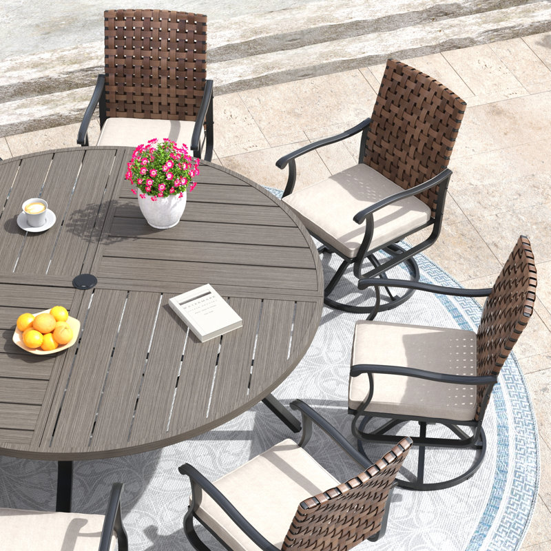 8-Person Outdoor Dining Set with 60" Round Dining Table and 8 Swivel PE Rattan Chairs & Cushions, Brush Wood Gray