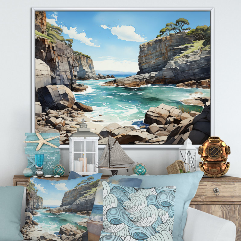 Beti Rocky Beach, majestueuses falaises II sur toile, H 34 po x l 44 po x P 1,5 po, Cadre flottant blanc