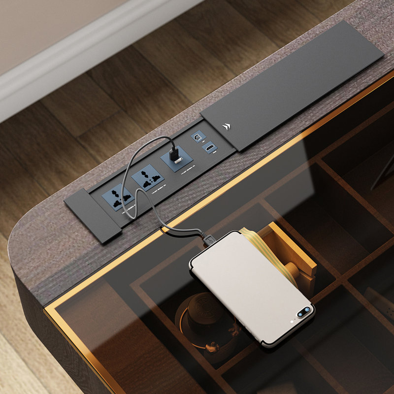 Standing desk with built-in outlet, glass top, Black, 29.5" H x 50" W x 23" D