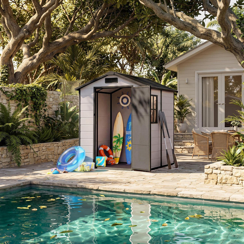 4x6 FT Outdoor Storage Shed, Plastic Resin Garden Shed with Lockable Door & Window, Black