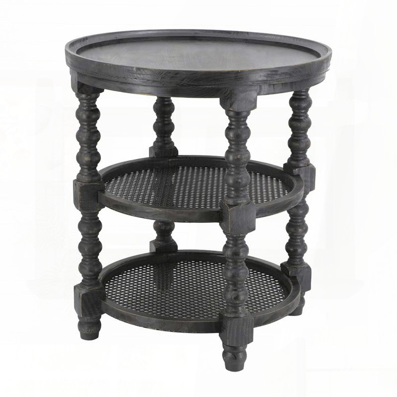 Round Three-Tiered Side Table with Rattan Shelves in Black