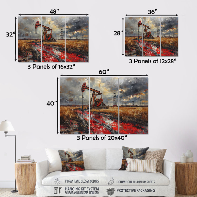 «Red Winter Oil Fields Industrial Icon I», ensemble d'art mural, H 28 po x l 36 po x P 1 po