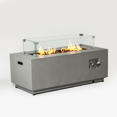 42" Propane Gas Fire Pit Table 2-Pieces, 50000 BTU Rectangular Steel Fire Pit With Glass Wind Guard For Outside Patio Deck Garden Courtyard -Gray