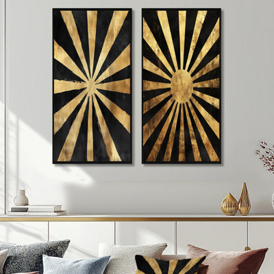 Art mural noir et doré 2 pièces, toile soleil levant, soleil noir et doré