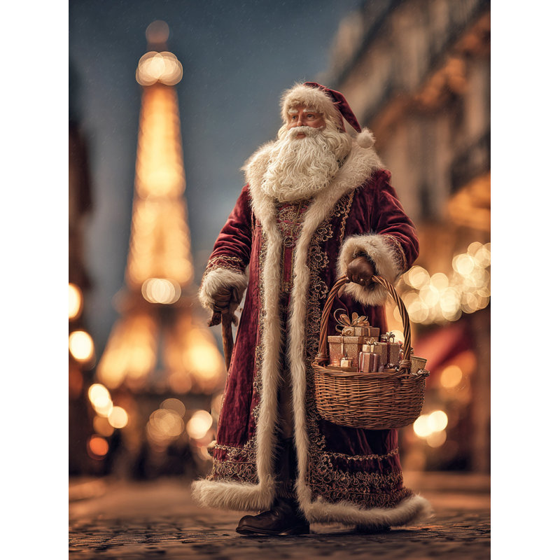Classic Santa by the Eiffel Tower Wrapped Canvas Wall Art, 48" H x 36" W