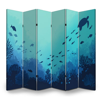 Cloison pliante 6 panneaux paravent Bleu royal sous les poissons de mer Tortue Toile onirique Séparateur de pièce Autoportant Cloison de protection Cloison d'intimité