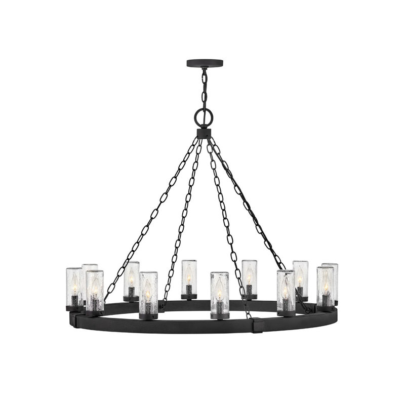 Sawyer 38" Twelve-Light Outdoor Candle Chandelier w/ Clear Seedy Glass Shades