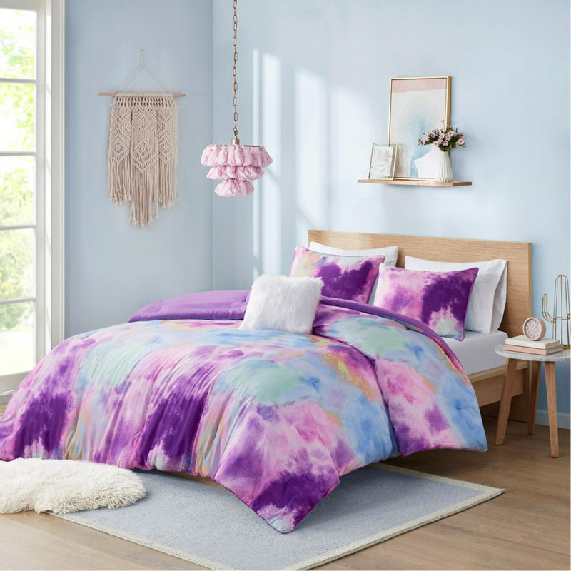 Ensemble d'édredon à imprimé teinture sur nœuds double / grand avec coussin décoratif, Multicolor Ombre