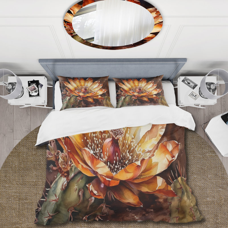 Ensemble de housse de couette en microfibre / polyester orange et vert Cactus Flower II Bedding