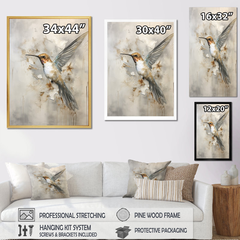 Colibri floral flottant II - Art mural colibri, H 44 po x l 34 po x P 1,5 po, Encadrement doré