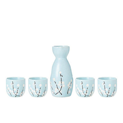 Ensemble de saké 5 pièces, ensemble de saké japonais en céramique durable avec 1 carafe / carafe à décanter / tokkuri et 4 tasses à ochoko pour saké chaud ou froid à la maison ou au restaurant - bleu avec motif en coton