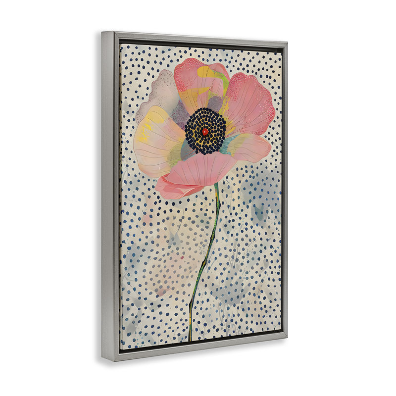 Cadre flottant à motif de pavot rose à pois, design par LSR Design Studio, H 25 po x l 17 po, Cadre flottant gris lustré