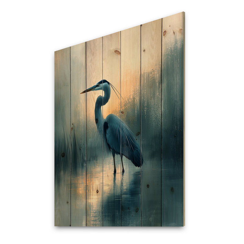 Minimalism Heron At The Farm Lake I - Heron Animal Wood Wall Decor - On Natural Pine Wood, 44" H x 34" W x 0.78" D