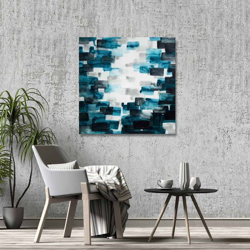 Turquoise et carrés gris - art abstrait sur toile