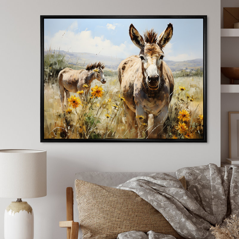 Donkey Flower Meadow Landscape I - Donkey, art mural, Cadre flottant noir, H 16 po x l 32 po x P 1 po