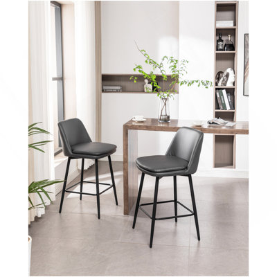 Counter Height Swivel Bar Stools Set Of 2, 360° Swivel Upholstered Barstools With Back And Metal Legs, 25.6" Seat Height,Counter Stools For Kitchen Island And Pub,Faux Leather,Grey