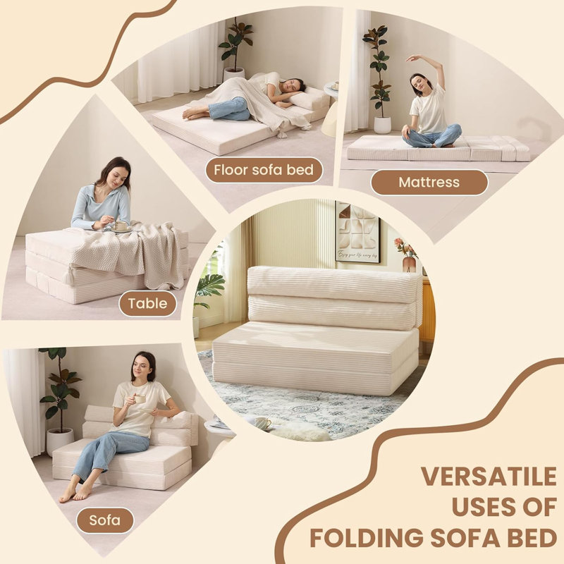 Folding Sofa Bed, Convertible Sleeper Chair With Pilow Foldable Matress, 2 In 1 Pull Out Loveseat Sofa Portable Fold Out Chair Bed Comfy Floor Couch Lounge For Living Room Bedroom,Beige