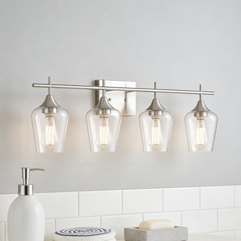 Luminaire de salle de bain moderne à 4 lumières avec abat-jour en verre transparent, applique murale au fini nickel brossé pour installation sur miroir