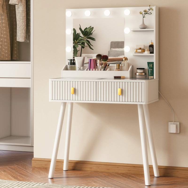 Table de coiffeuse cannelée blanche avec miroir et lumières de l'ampoule, Blanc