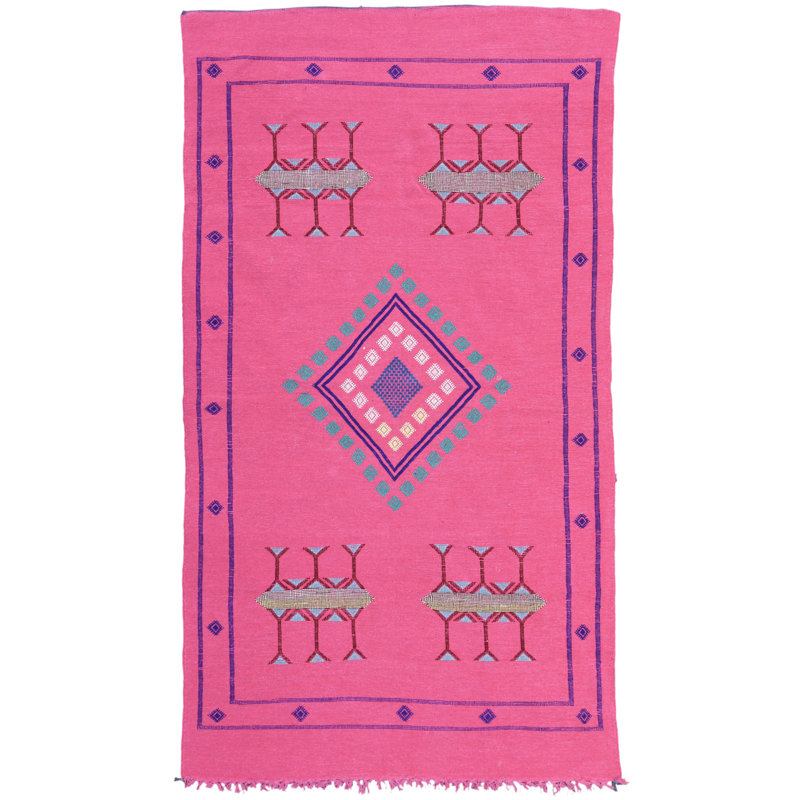 Tapis unique en soie / laine noué à la main 3 pi 8 po x 6 pi 6 po rose / bleu / blanc
