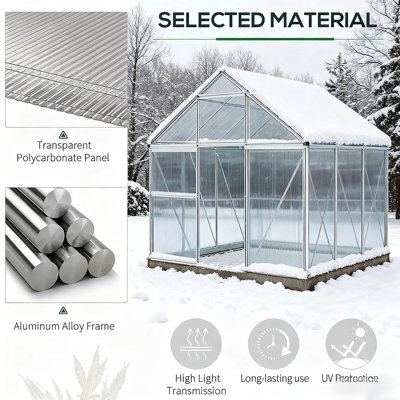 Serre en aluminium argentée robuste l 6,2 pi x P 6,2 pi x H 6,6 pi avec gouttière réglable pour toit et porte coulissante pour l'hiver