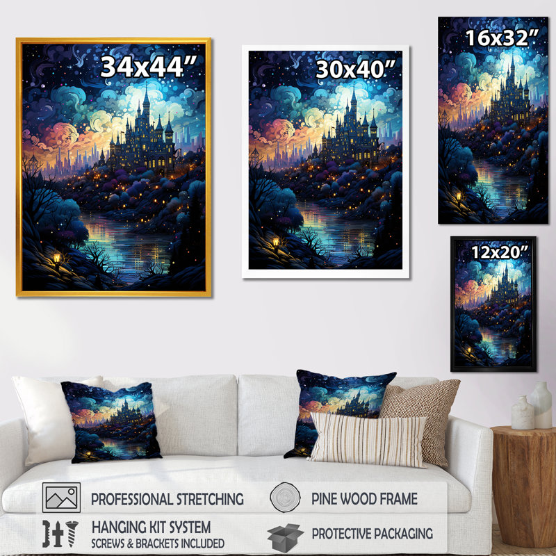 Nuit étoilée, château de Dracula - Vangogh, art mural, Cadre doré simple, H 32 po x l 16 po x P 1 po