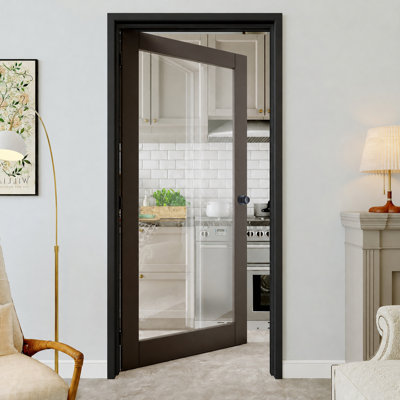 32" x 80" 1-Lite Black Frame & Clear Glass Interior Prehung Door with Black Hinges, Privacy Glass Door Slab, Sound-Dampening & Waterproof Solid Core Door, Suit for Laundry, Closet Doors, Room Doors, Left Hand
