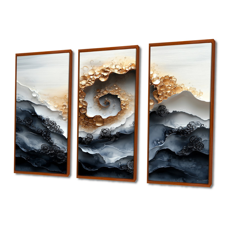 «Beige and Blue Water Forest of Elegance I», ensemble d'art mural spirales abstraites, Toile avec cadre flottant brun
