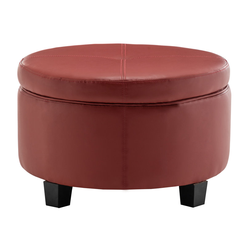 Canek Faux Leather Storage Ottoman with Wooden Legs, Reddish Brown Faux Leather