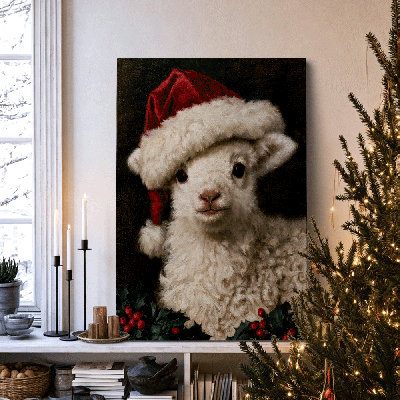 Cute Festive Santa Hat Sheep Canvas Art Gallery Wrapped - Kitchen Dining Room 40*28inch (100*70*2cm)