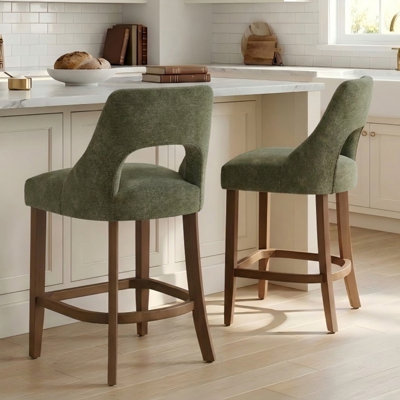 Ensemble de 2 tabourets de bar rembourrés de style moderne du milieu du siècle, hauteur du siège de 66 cm, dossier incurvé et pieds en bois massif (vert olive)