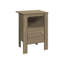Table de chevet en stratifié taupe pour le salon - pieds carrés, table d'appoint avec tablette ouverte et armoire fermée
