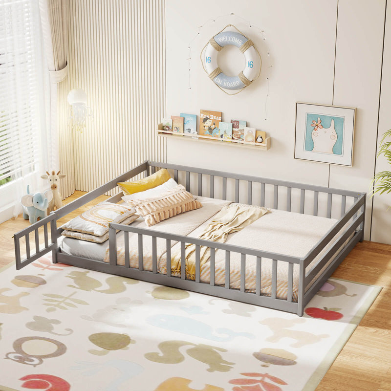 Full Size Floor Bed with Full Length Safety Guardrails & Door for Boys, Girls Gray, Gray