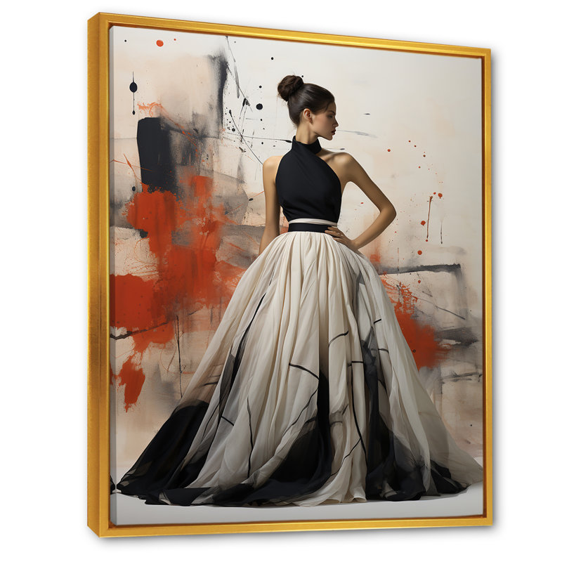 Robe noire et blanche chic - art mural Dior, Cadre flottant doré, H 32 po x l 16 po x P 1 po