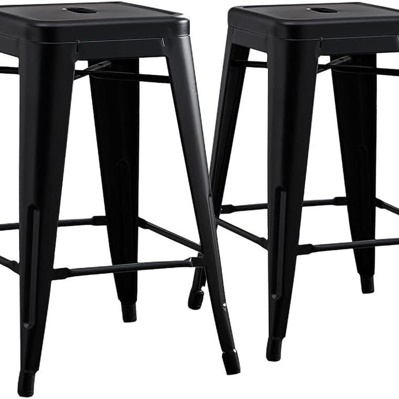 Backless Modern Light Weight Industrial Rustic Vintage Costal Metal Bar Stools With No Back And 4 Leg Design (Set Of 2) (30" Seat, Matte Black)