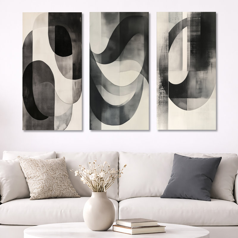 Géométrie noire et blanche Minimal Curves I - Formes abstraites, art mural sur toile, ensemble de 3, H 40 po x l 60 po