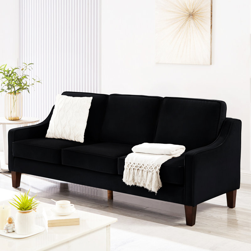 3 avec velours rembourré, accoudoirs carrés, siège mi-doux, velours noir contemporain pour chambre à coucher, structure en bois massif, noir, salon confortable
