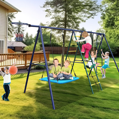Multicolor Steel 6 In 1 Swing Featuring Climbing , Net, Glider, Swing, Belt Hoop For Backyard - Stable Support, Adjustable Ropes And Simple Installation Outdoor Family Gathering Hoop, A Frame Safe