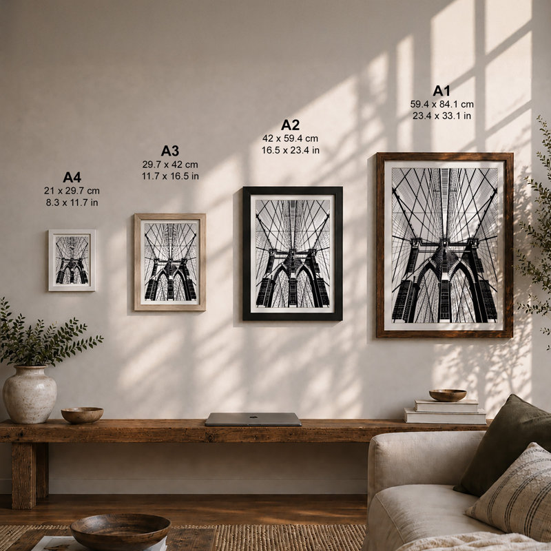 Brooklyn Bridge Ascendant Industrial - Framed Print, A4 - 29.7 x 21.0 cm, Walnut