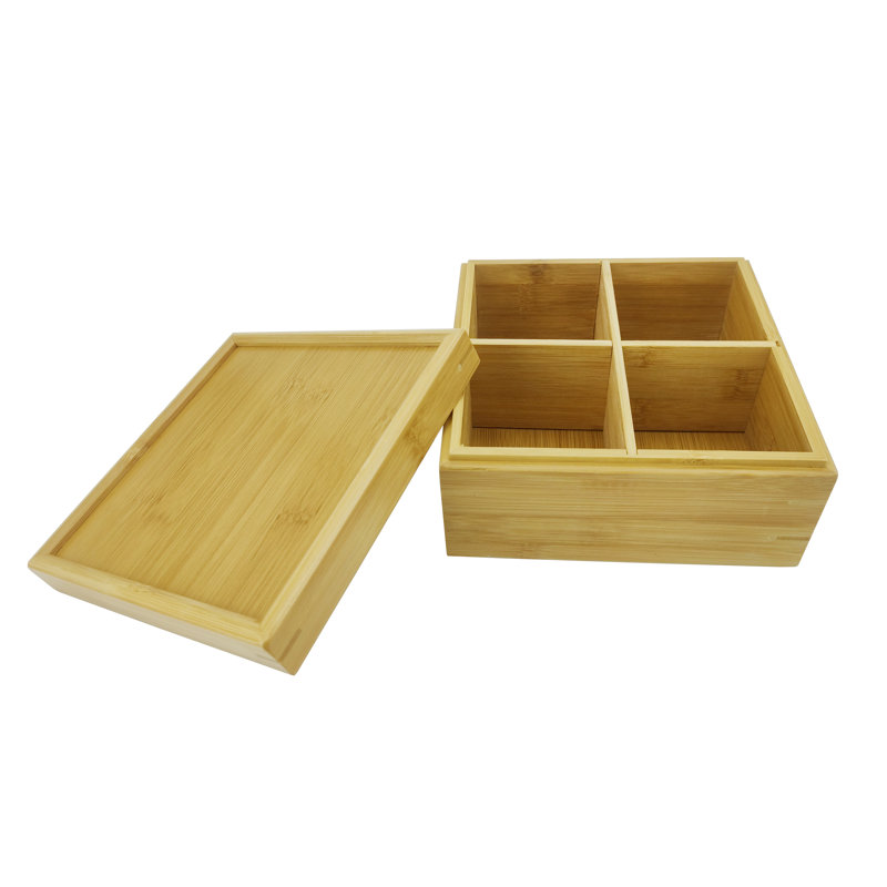 Bamboo Box 7" x 7" x 4" with 4 Cell Removable Partition Storage Condiment Tray with Lid