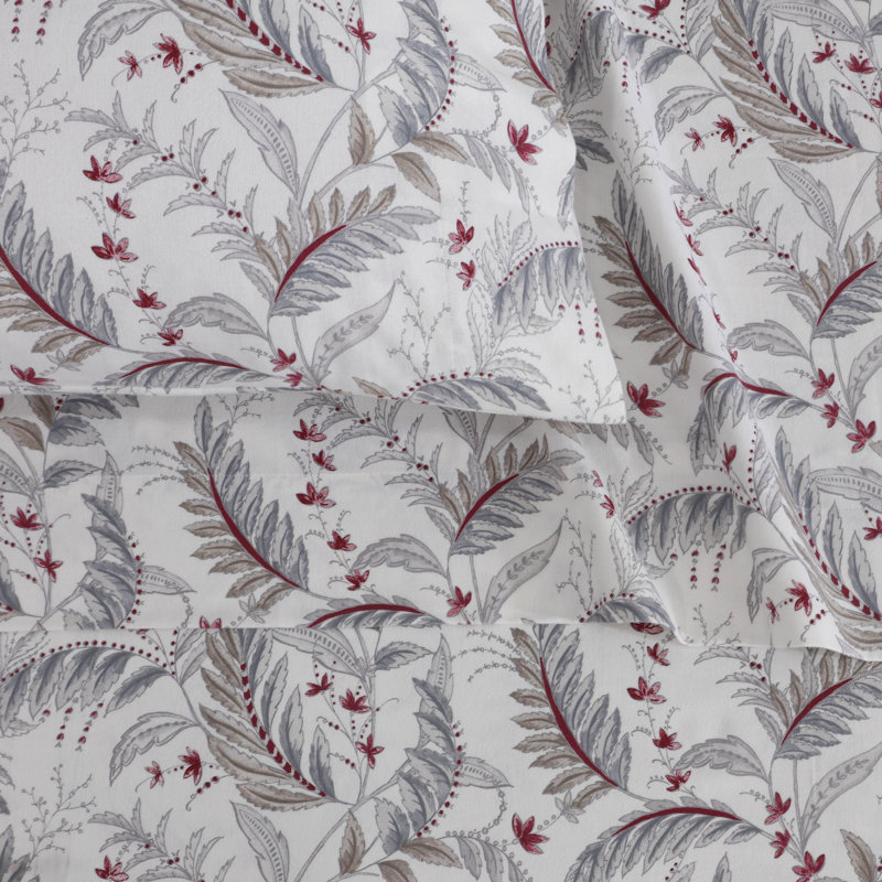 Flannel Paisley Sheet Set, Split King Sheet Set with 3 Additional Pieces, White/Gray/Red Floral