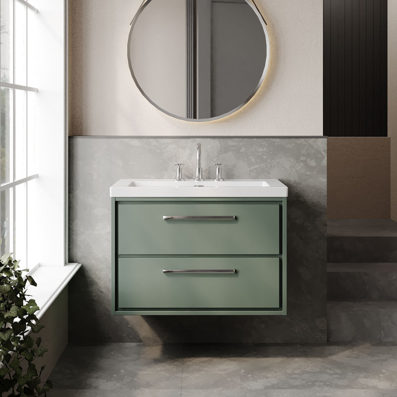 Hudson Reed Lille 600mm Fern Green 2 Drawer  Wall Hung Vanity Unit With 3 Tap Holes Fireclay Basin, Fern Green, 81.3cm W