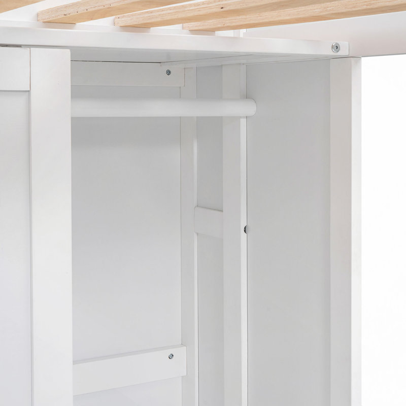 Lit mezzanine en bois avec plusieurs tablettes de rangement et garde-robe, Blanc